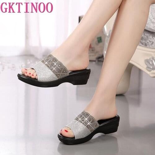 GKTINOO Rhinestone High Heel Sandals Genuine Leather Slippers Plus Size 41 42 Summer Womens Sandals Peep Toe Gladiator Heels