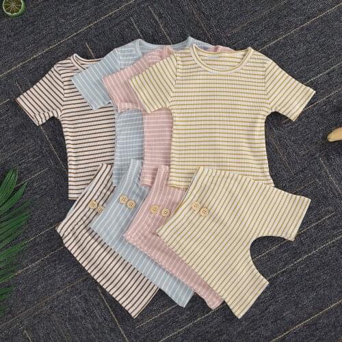 Summer Kid Baby Girls Boys Set Striped Ribbed Short Sleeve Top Knee Length Button Pants 2Pcs Outfits
