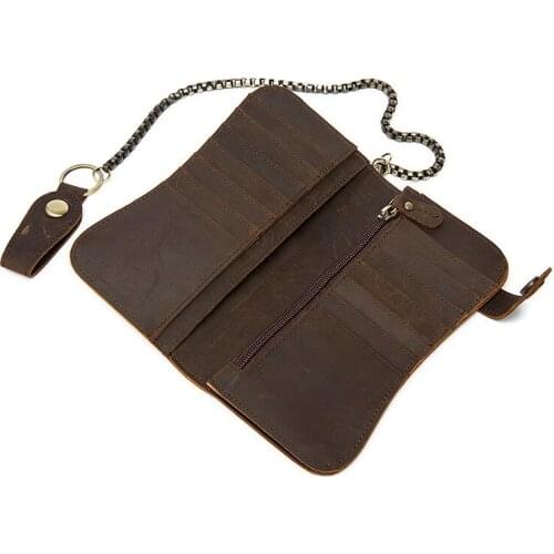 Mens Business Wallet Vintage Crazy Horse Leather Coin Purse Men Anti-theft Chain Buckle Wallets Long Style Male ID Card Clutch