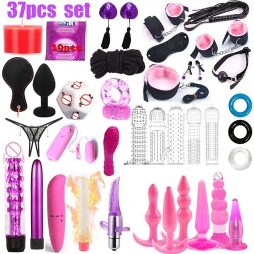 37pcs set Adults Sex Toys For Women Men Handcuffs Nipple Clamps Whip Spanking Sex Metal Anal Plug Vibrator Butt Bdsm Bondage Set