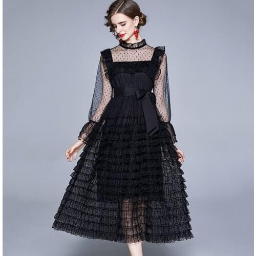 New Women Lace Dress Summer 2021 Elegant Fashion Vintage Half High Collar Flare Sleeve Slim Long Gauze Cake Awning Dress