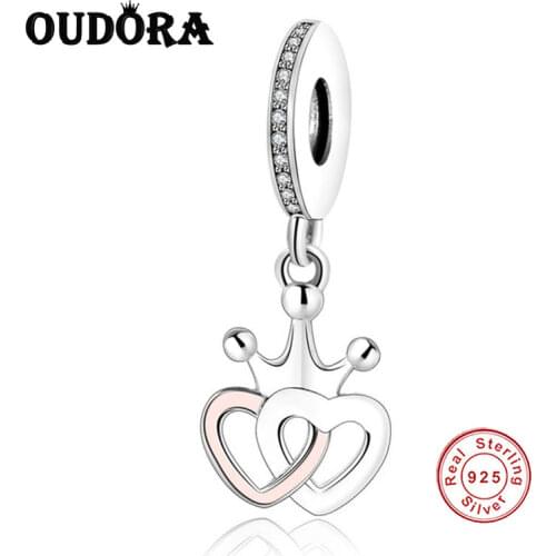 Authentic 925 Sterling Silver Fit Original Pandora Charm Bracelet Silver 925 Crown & Heart-to-heart Bead DIY Jewelry Berloque