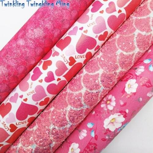 Mermaid Printed Glitter leather, Hearts Printed Synthetic Leather Faux Fabric Sheet For Bow 21x29CM Twinkling Ming KM335