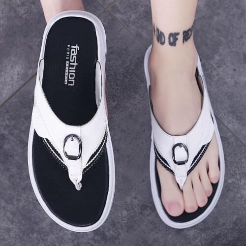 Mens Leather Sandals Summer Fashion Luxury Flip Flops Casual Slippers Flat Beach Shoes for Adult Male Indoor Outdoor