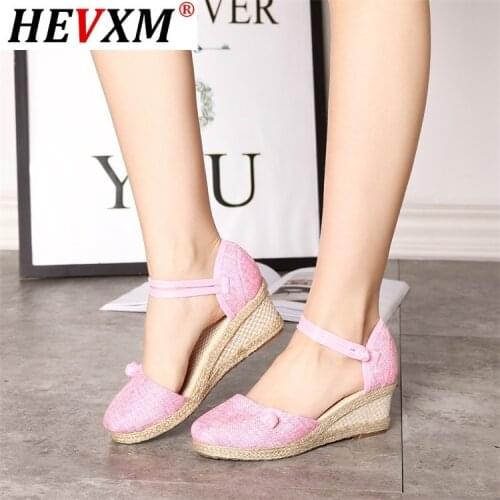 2021 Vintage Women Sandals Casual Linen Canvas Wedge Sandials Summer Ankle Strap 6cm Med Heel Platform Pump Espadrilles Shoes