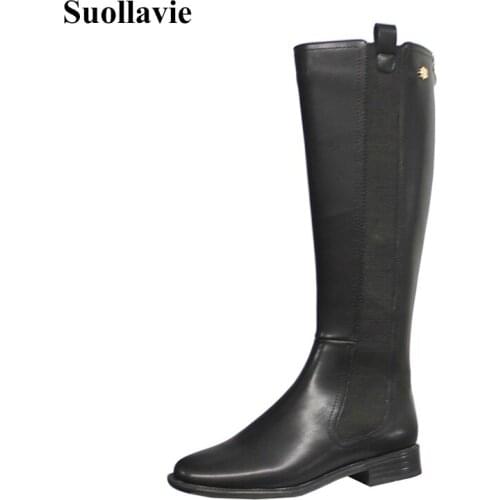 Suollavie new Mid-Calf leather boots solid black women boot female office shoes women sexy zipper ladies shoes dress high heels