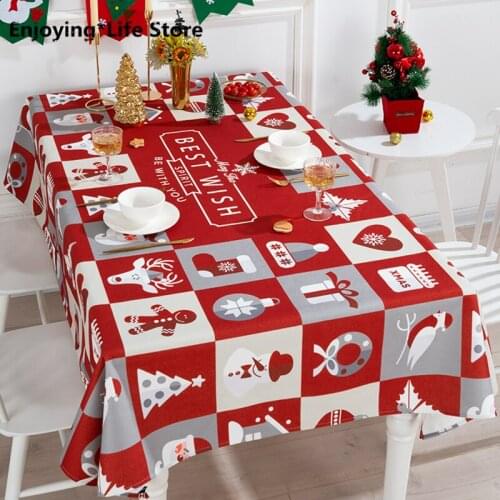 Nordic Cotton Linen Table Cover Christmas Tablecloth Reindeer Printed Red Tablecloth Thick Tablecloth Rectangle Christmas Decor