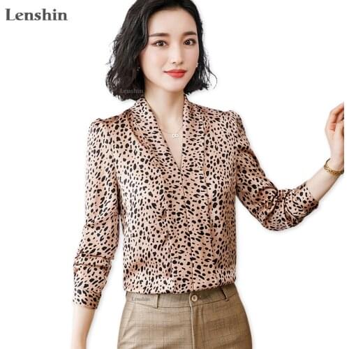Lenshin Leopard Pattern Loose Shirt Breathable Soft V-neck Draped Blouse Women Female Wear Casual Style Office Lady Tops