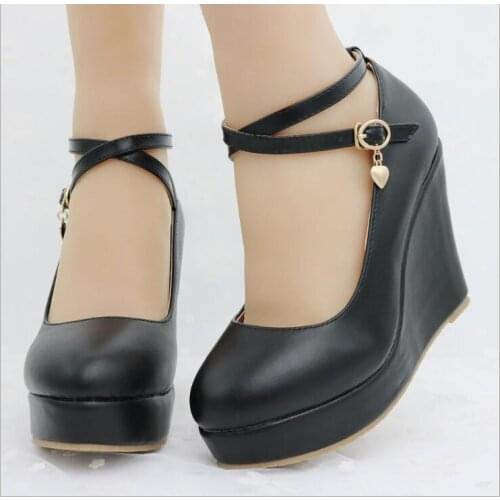 Sexy White Platform Wedges Shoes Pumps Women High Heels Platform Shoes Round Toe Wedges Pumps Cross Tie Wedges Heels Large size