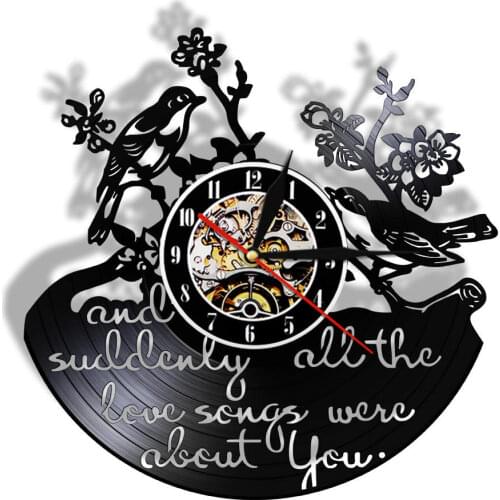 Suddenly All The Love Songs Were All About You Vinyl Record Wall Clock Birds On Branch Natural Artwork Floral Home Decor Clock