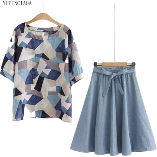 Women Sets Korean Style Geometric Print Thin O-neck Short Sleeve T shirt + High Waist Solid Color Denim A-line skirt 2 Piece Set