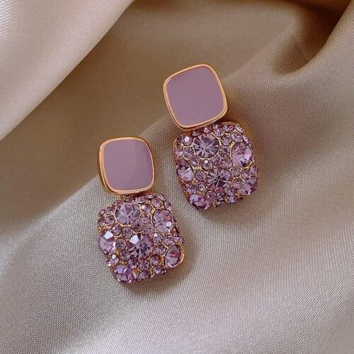 2020 New Trend Women Earrings Korean Purple Crystal Square Geometric Drop Earrings Lovely Heart Fine Fashion Jewelry Party Gift