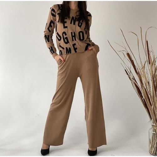 High Quality Autumn Winter Thick Warm Letter Printing Knitted Two Piece Set Women Casual Pullover Sweater Wide Leg Pants Suits