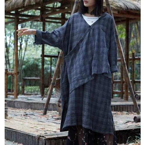 Johnature Women Plaid Dress Irregular Robe 2021 New Spring V-Neck Bat Sleeve Cotton Women Clothes Loose Quality Dress