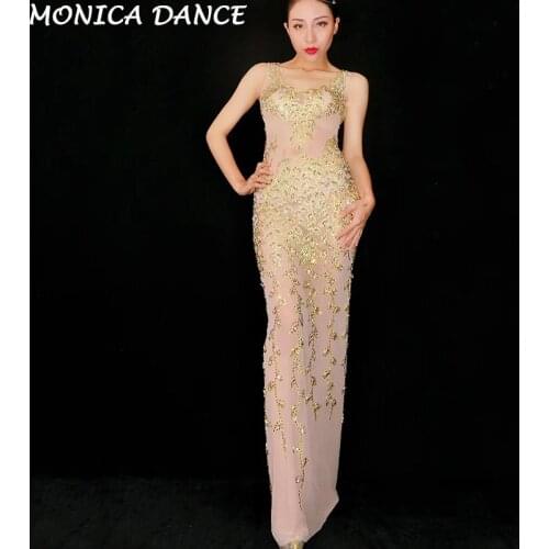 Womens Stage Sparkly Gold Rhinestones Mesh Net Yarn Dress Party Dance Outfit Long Dress Birthday Celebrate See Through Dresses