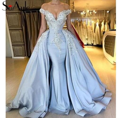 SoAyle 2019 Evening Dresses Off the Shoulder Prom Dresses for Women Lace Applique Beading Satin Detachable Train Vestidos De