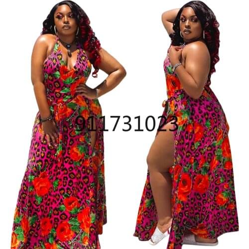 2021 Summer Printing African Women Sleeveless V-neck Polyester Plus Size Long Dress XL-4XL African Dresses for Women