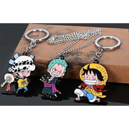 Anime One Piece Keychains Necklace Roronoa Zoro Trafalgar Law Monkey D. Luffy Metal Keyrings Pendants Holder Chaveiro Figure Toy