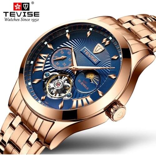 TEVISE Mechanical Watches for Men Top Brand Luxury Rose Gold Blue Clock Moonphase Waterproof Business Watch Man Liminous Hands