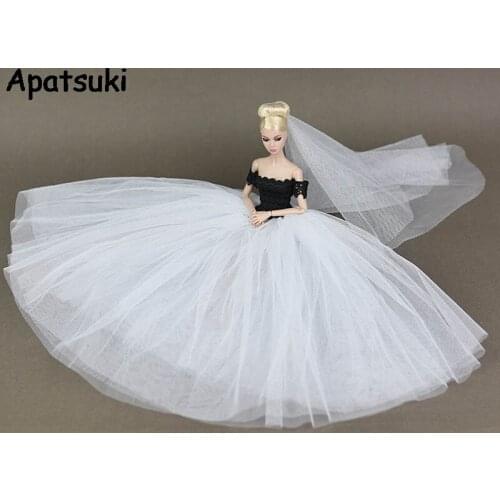 Black White Lace Wedding Dress for Barbie Doll Princess Evening Party Wears Long Dresses Clothes for Barbie Dollhouse 1/6