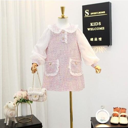 Cici Girl Boutique Tweed Plaid Dress for Kids Elegant Lace Ruffles Fall Winter Dress Puff Sleeve Princess Girls New Year Clothes