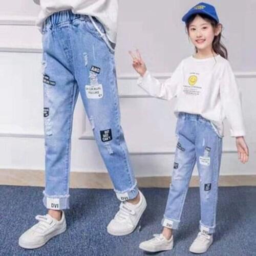 2021 New Spring Children Ripped Hole Jeans Loose Pants Kids Broken Denim Trousers For Baby Boy Girl 3-10T