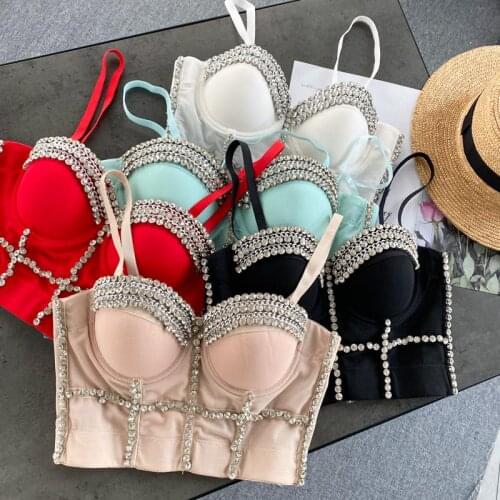 Women Sexy All-match Skinny Tank Tops Female Summer Gorgeous Heavy Beading Solid Straps Vest