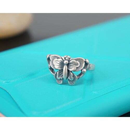Ethnic wind Chinese wind handmade silver retro make old 925 sterling silver butterfly living lady silver ring