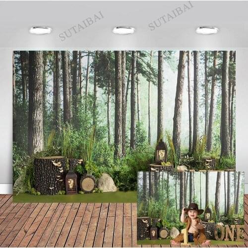 Photography Background Forest Baby Shower Cake Smash Child 1st Birthday Banner Jungle Party Woodland Backdrop for Photo Studio
