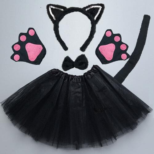 Adult Kids Halloween Party Cosplay Black White Pink Cat Ear Headband Tail Bow Paw Performance Stage Dance Wear Costume Clothes