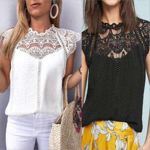 Summer Fashion 2019 Women Lace Blouses Ladies Solid Causal Sleeveless Hollow Out Blouse Tops Chiffon Shirt
