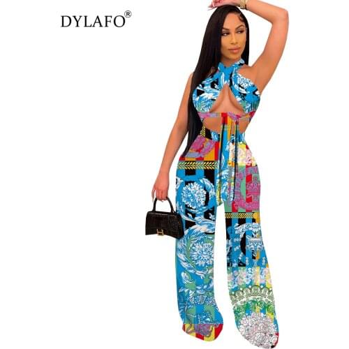 Summer 2021 New 2 Piece Sets For Women Sexy Slash Neck Backless Crop Top Bandage Wide Legged Pants Women Fashion Suits Outfits