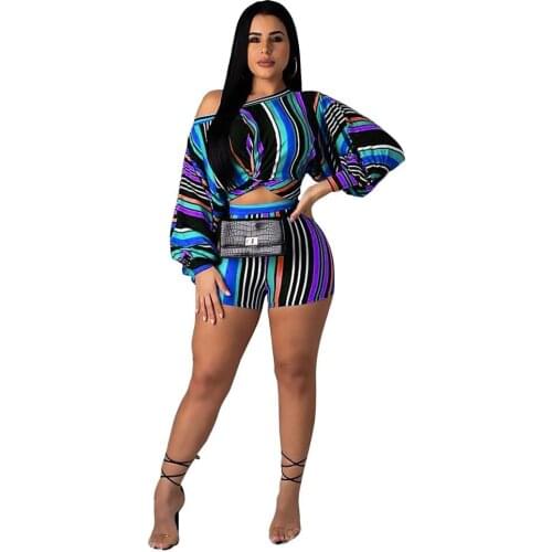 Fashion Striped Long-Sleeved Tracksuit Crop Top + Shorts Suits Loose Casual Party Nightclub Boho Womens Two-Piece Short Sets