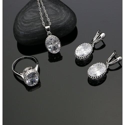 Silver 925 Jewelry Oval White Crystal Zircon Jewelry Sets For Women Ring/Pendant/Earrings/Necklace Set