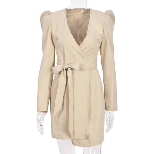 Women Solid Color Pencil Dresses Irregular Bandage Folded Shoulder V-Neck Long Sleeve Slim Hips Mini Dress For Woman Robe Femme