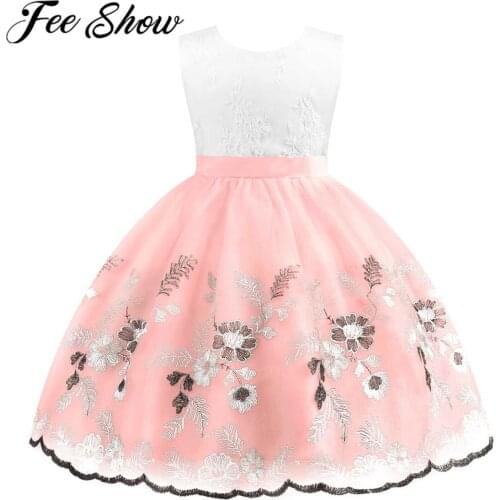 Girls Flower Dresses Wedding Embroidered Floral Children Sequined Bowknot Dress Princess Vestidos Kids Girl Birthday Party Dress