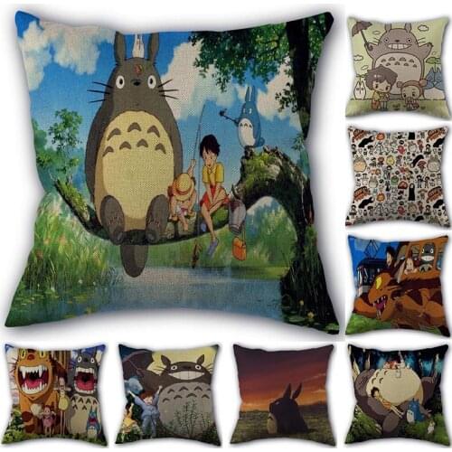Custom Totoro Anime Cartoon Pillowcase Cotton Linen Fabric Home Textile Square Pillowcase 45X45cm Wedding Decorative No Fade