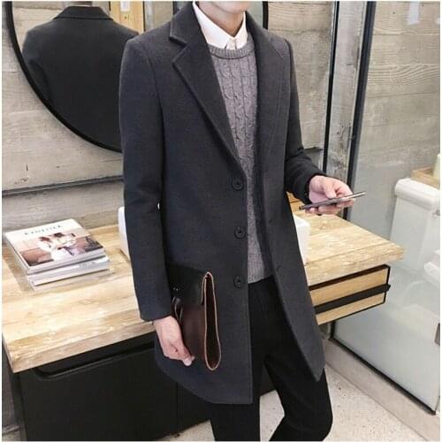 Casual Mens Wool Blend Mid Long Trench Coat Slim Two Buttons Formal Parka Jacket