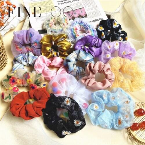 Fashion Rainbow Gum Lace Daisy Scrunchies Hair Tie Women Girls Printed Floral Elastic Hair Bands Ponytail Hold Hair Accessories