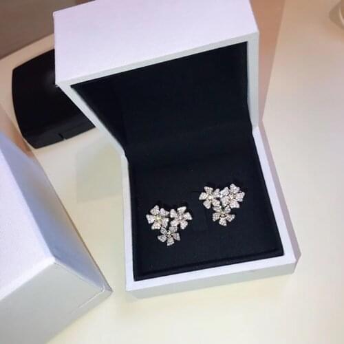 Hot Brand Pure 925 Sterling Silver Earrings Gold Color Flowers Full Diamond Stud Earrings White Gold Two Wear Design Fine