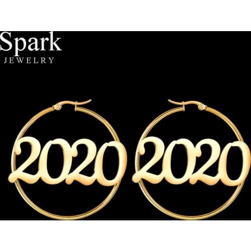 Spark 1 Pair Stainless Steel Custom Number Year Hoop Earrings Handmade Personalized Big Circle Earrings For Women Birthday Gifts