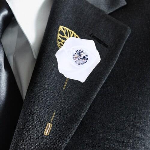 Wedding Satin White Rose Buttonhole Groom Gold Lapel Pin Bridesmaid Diamond Brooch Homme Mariage Boutonniere For Men Party XH323