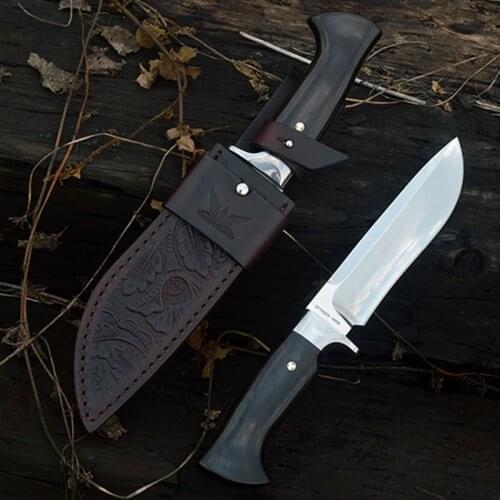 High Hardness Outdoor Tactical Knife Drop Point D2 Fixed Blade Ebony Handle Leather Sheath Camping Survive EDC Self-defense Tool