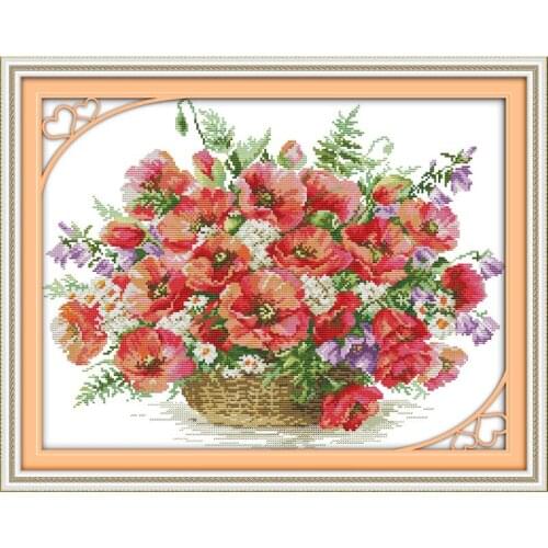 Joy Sunday Poppy Basket Flowers Pattern Chinese Cross Stitch Embroidery Needlework DMC Needle Line Sets Counting Printed Canvas