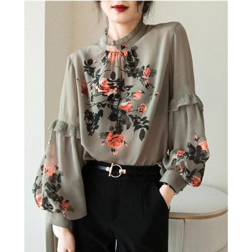 2021 spring new heavy silk stand collar Vintage printed top silk lantern sleeve shirt puff sleeve top blusones de mujer