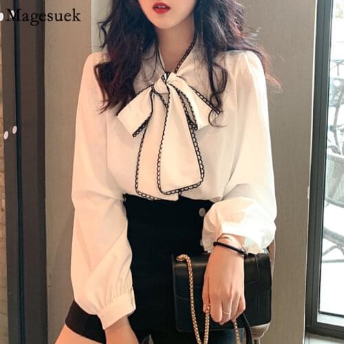 Long Sleeve Women Shirts White Blouses Elegant Vintage Korean 2021 Fashion Bow Loose Ladies Blouse Office Plus Size Tops 14892