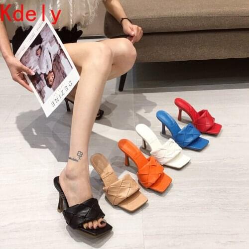 New Brand Design Shoes Woman Slipers 2021 Summer Square Toe High Heels Sandals Women Weave Good Quality Dress Shoes White Blue
