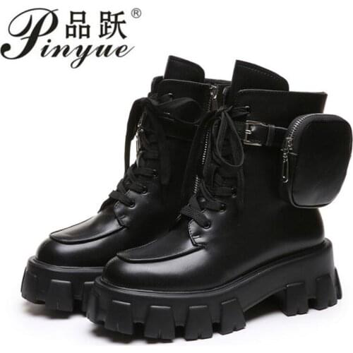 Punk boots Women Pocket Boot Lace Up Ladies Ankle Boots Female Combat Runway Buckle Strap Ankle Boot Woman Platform Shoes