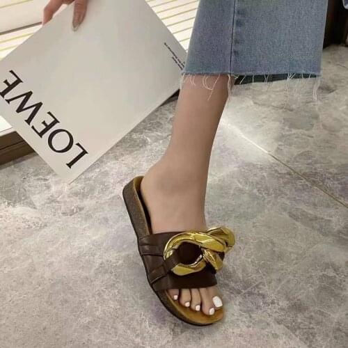 2021 New Big Chain Thick-Soled Half Slippers Women Summer New Style Outer Wear Net Red Ins Tide Lazy One-Word Drag Big Head Mull