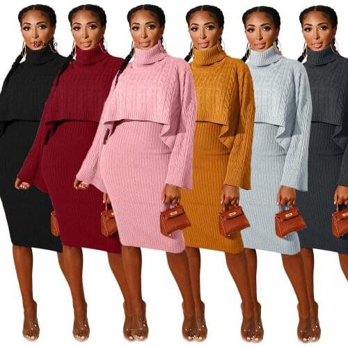 Women Two Piece Sets Knitted Suit Dress Turtleneck Cape Pullover+Dress Matching Sets Autumn Winter Warm Tracksuit Plus Size Xxl